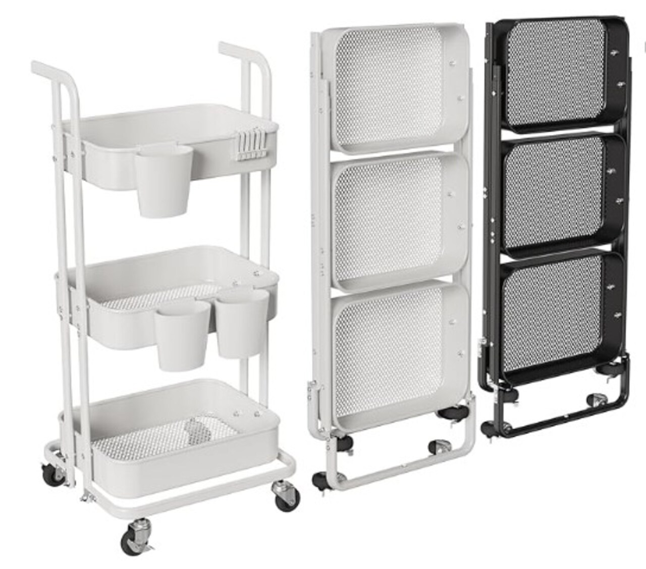 3 Tier Rolling Cart, Metal Foldable Utility Cart with Wheels, Hanging Cups and Hooks, Folding Storage Cart for Living Room, Kitchen, Bathroom, Bedroom in White
